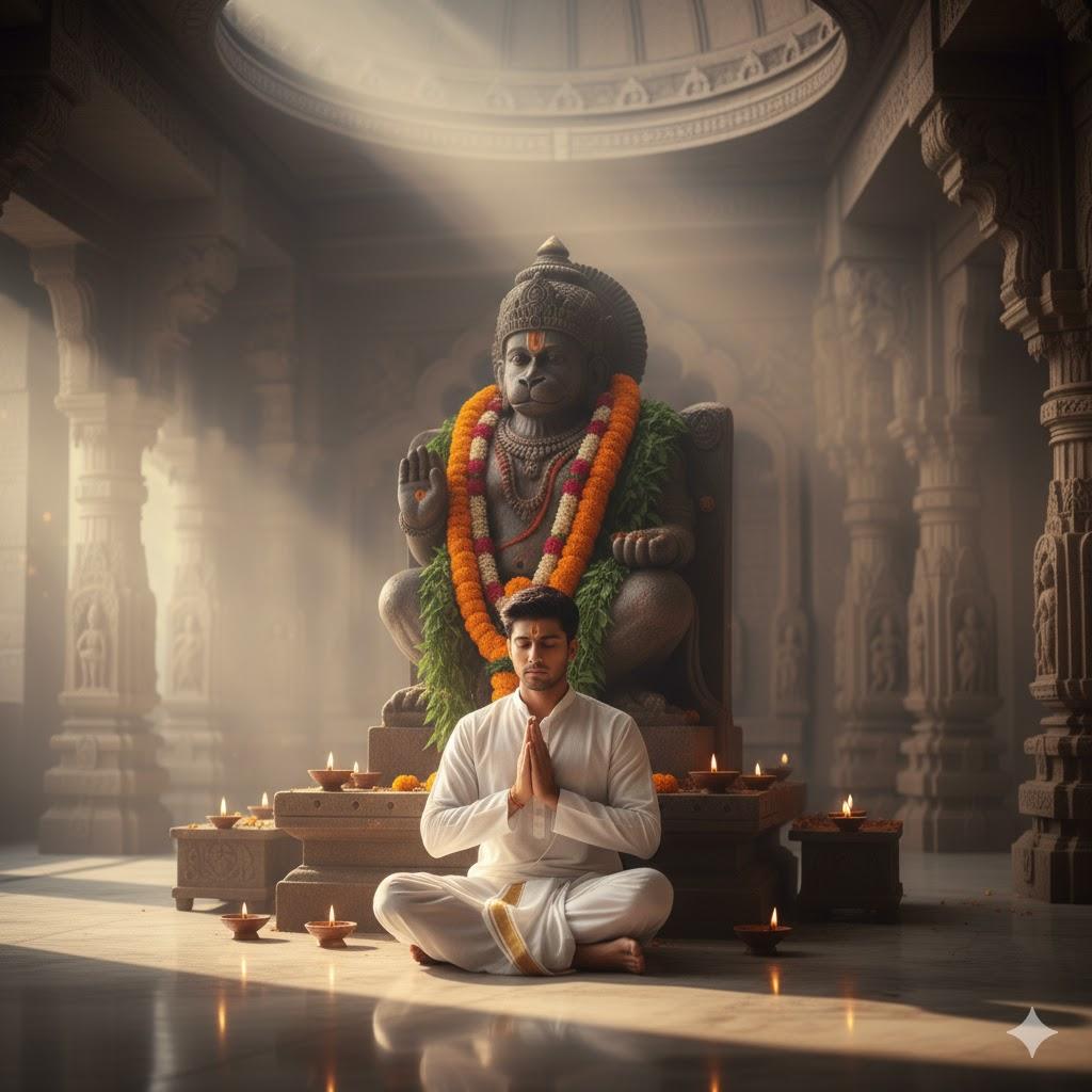 Ultra-realistic 8K photograph of a young Indian man sitting cross-legged on polished marble in a large Hanuman temple. He wears traditional white kurta and dhoti with golden border, eyes closed, hands folded in prayer. A towering Hanuman murti adorned with glowing diyas, marigold garlands, and red sindoor stands under the temple dome, radiating divine energy.