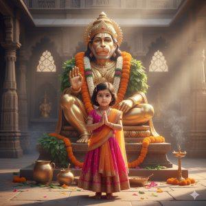 Ultra-realistic 8K depiction of a little girl in traditional Indian attire, standing barefoot with hands folded in prayer, facing the viewer in front of a majestic golden Lord Hanuman idol adorned with flowers and garlands. Soft morning sunlight streams through temple windows, creating a warm, spiritual atmosphere.