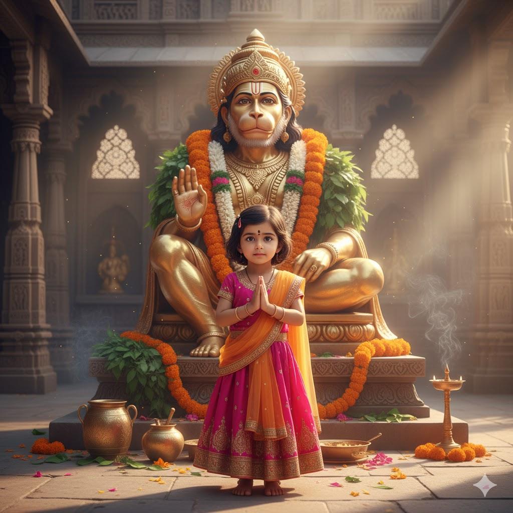 Ultra-realistic 8K depiction of a little girl in traditional Indian attire, standing barefoot with hands folded in prayer, facing the viewer in front of a majestic golden Lord Hanuman idol adorned with flowers and garlands. Soft morning sunlight streams through temple windows, creating a warm, spiritual atmosphere.