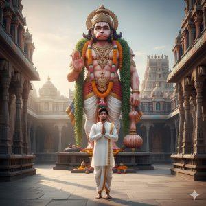"Ultra-realistic 8K photograph of a young Indian man in white kurta and dhoti praying barefoot in front of a massive Hanuman murti at an open courtyard of a South Indian temple. The temple has colorful carved pillars, a tall gopuram, and polished stone floors. The Hanuman idol is adorned with marigold garlands and red sindoor, glowing under natural sunlight, creating a serene and spiritual atmosphere."