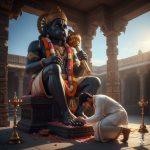 Ultra-realistic 8K photograph of a young Indian man in white dhoti and kurta with golden border, kneeling and touching the feet of a majestic Hanuman murti inside a grand South Indian temple courtyard. The Hanuman idol is adorned with vibrant marigold and tulsi garlands, holding a golden gada, surrounded by brass oil lamps and scattered flower petals, with soft morning sunlight illuminating the carved stone pillars and floor.
