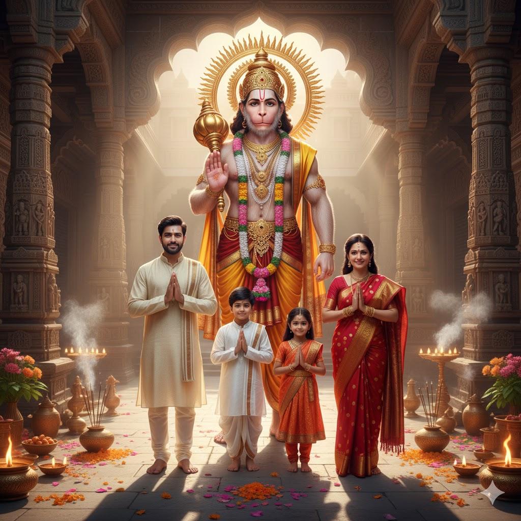 Ultra-Realistic Lord Hanuman Devotional Scene with Family Offering Prayer in Traditional Attire, Photorealistic 8K Temple Lighting