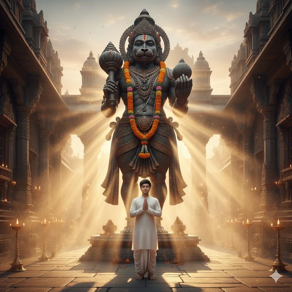 A young man with a serene expression stands barefoot in a temple courtyard at sunrise, hands folded in devotion before a towering Maruti (Hanuman) idol. Golden morning light streams through temple arches, reflecting off the statue’s polished surface, creating a divine atmosphere with incense mist. Captured with a 55 mm lens in ultra-realistic 4K clarity, showcasing natural skin texture, fine details, and warm tones.