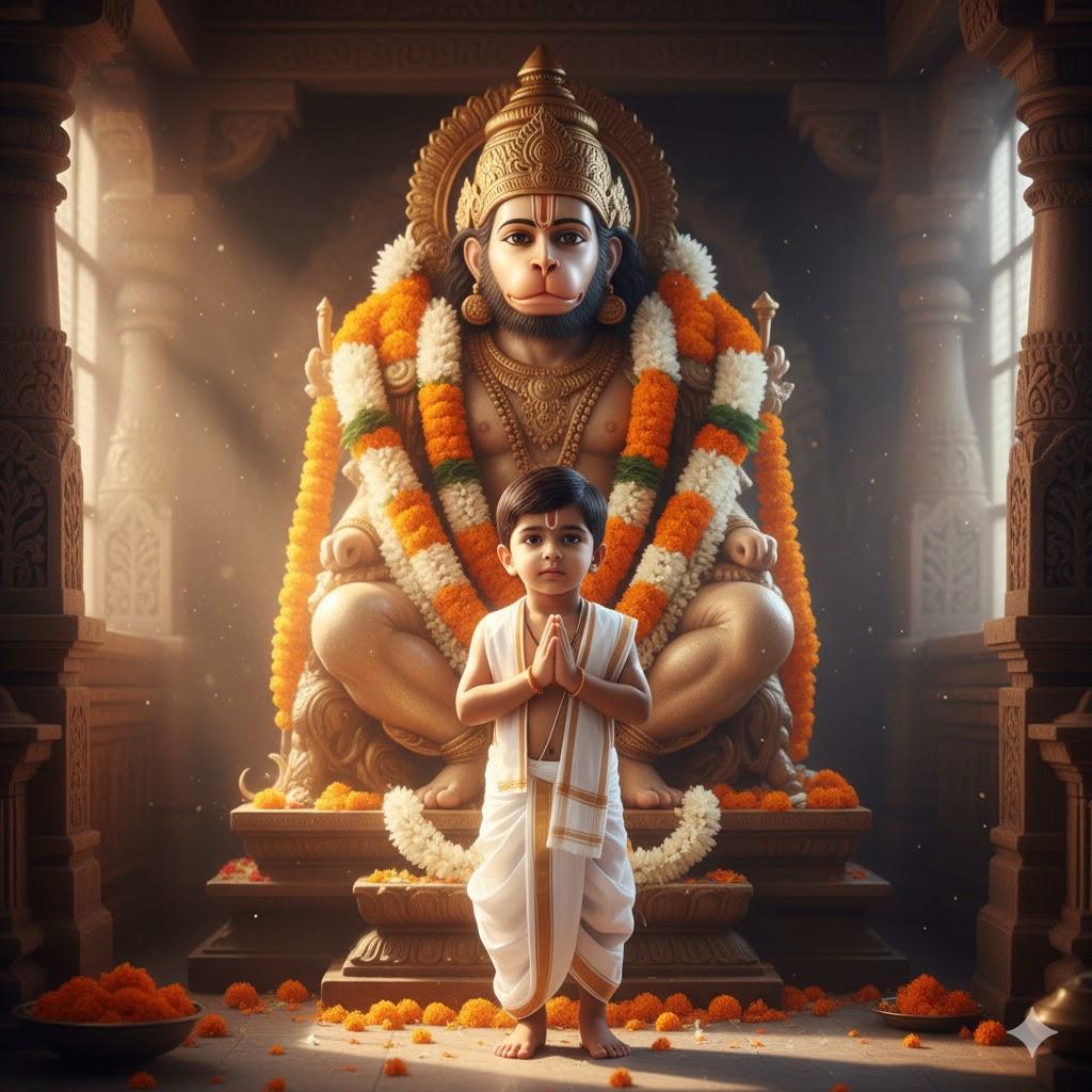 Ultra-realistic 8K image of a barefoot little boy in traditional Indian dhoti and shawl, standing with folded hands in prayer, facing the viewer with a calm, devoted expression. Behind him, a majestic golden Lord Hanuman idol, adorned with flowers and garlands, exudes a gentle, protective aura. Soft morning sunlight streams through temple windows, creating a warm, spiritual atmosphere.