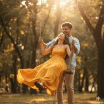 "Young couple enjoying a playful moment on a swing during golden hour, the girl in a bright flowing dress, the boy in casual light clothing, laughing naturally with sunlight filtering through trees, photorealistic full-body view capturing joy, love, and genuine emotions."