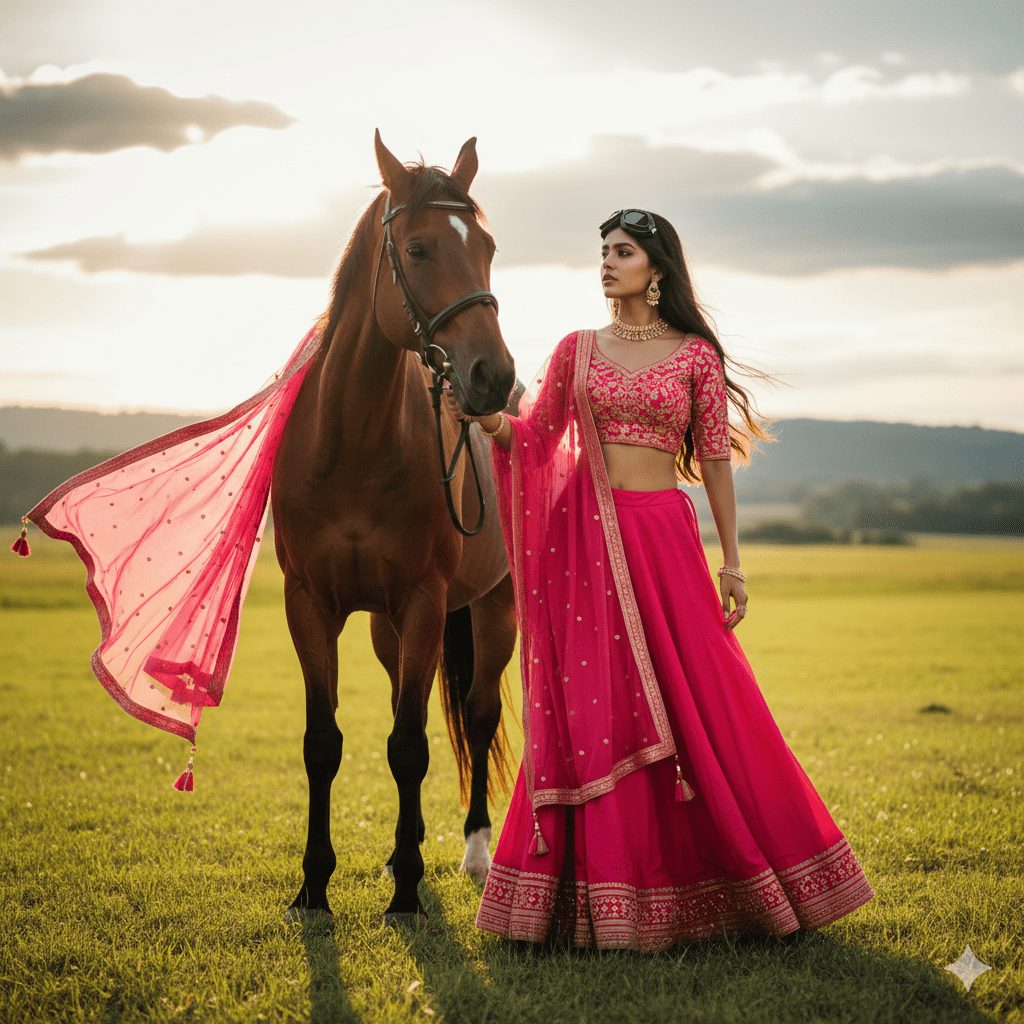 "Real Indian girl in bright modern outfit with flowing dupatta, open hair, and black goggles on forehead, standing in open green field with horse, cinematic ultra-realistic photography."