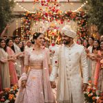 A candid high-resolution wedding photo capturing a bride and groom walking hand-in-hand post-ceremony, showered with flower petals by joyful family and friends. The bride wears a soft pastel lehenga with intricate floral embroidery, and the groom dons an ivory sherwani with subtle gold details, set in a vibrant, celebratory atmosphere.