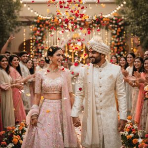 A candid high-resolution wedding photo capturing a bride and groom walking hand-in-hand post-ceremony, showered with flower petals by joyful family and friends. The bride wears a soft pastel lehenga with intricate floral embroidery, and the groom dons an ivory sherwani with subtle gold details, set in a vibrant, celebratory atmosphere.