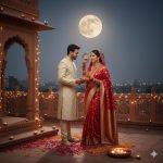 A stunning Indian couple celebrates Karva Chauth on a moonlit terrace. The wife, adorned in a vibrant red bridal saree with intricate golden jewelry, holds a decorated sieve and thali, gazing lovingly at her husband through it. The husband, dressed in an elegant cream sherwani, stands close under the glowing full moon. Soft fairy lights, scattered rose petals, and lit diyas create a warm, romantic festive atmosphere. Ultra-detailed, cinematic lighting, 8K high realism.
