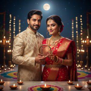 A romantic Indian couple celebrating Karva Chauth at night, both facing the camera. The woman in a red saree holds a decorated sieve while her husband in an elegant sherwani looks lovingly at her under the moonlight with glowing diyas and festive ambiance.