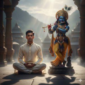 Ultra-realistic 8K photograph of a young Indian man sitting cross-legged on a temple terrace before a large stone Lord Krishna murti. The man wears cream kurta-pajama, calm and meditative, with morning sunlight and soft mist around his feet. Krishna murti has blue skin, gold ornaments, yellow dhoti, peacock feather crown, and flute.