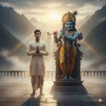 Ultra-realistic 8K photograph of a young Indian man sitting cross-legged on a temple terrace in meditation before a large stone Lord Krishna murti. He wears cream kurta-pajama, with morning sunlight and soft mist around, and the Krishna murti has blue skin, gold ornaments, yellow dhoti, peacock feather crown, and flute.