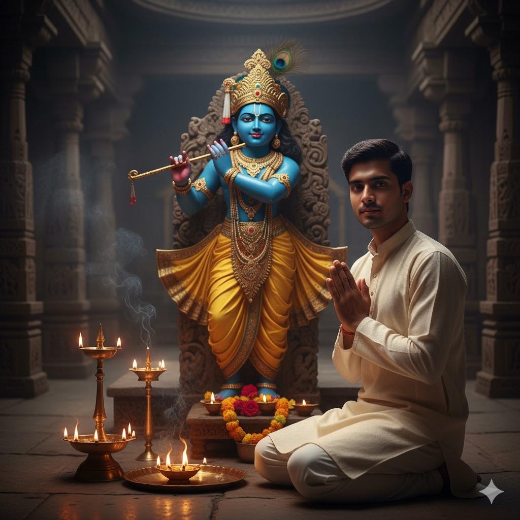 Ultra-realistic 8K photograph of a young Indian man kneeling with folded hands, performing aarti before a detailed stone Lord Krishna murti inside a temple hall. The man wears cream kurta-pajama, and warm oil lamps illuminate the murti and his face.