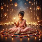 Adorable Indian girl in lehenga choli celebrating Diwali, sitting near glowing diyas with sparkler in hand, surrounded by fairy lights, floating lights, and colorful rangoli in a dreamy festive atmosphere.