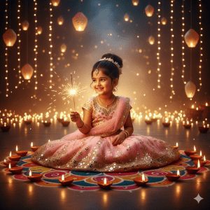 Adorable Indian girl in lehenga choli celebrating Diwali, sitting near glowing diyas with sparkler in hand, surrounded by fairy lights, floating lights, and colorful rangoli in a dreamy festive atmosphere.