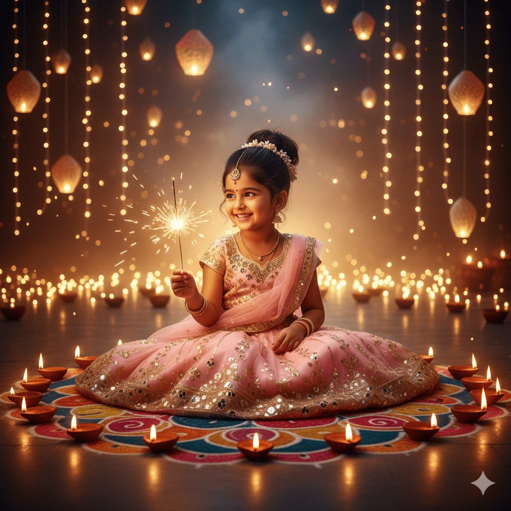 Adorable Indian girl in lehenga choli celebrating Diwali, sitting near glowing diyas with sparkler in hand, surrounded by fairy lights, floating lights, and colorful rangoli in a dreamy festive atmosphere.