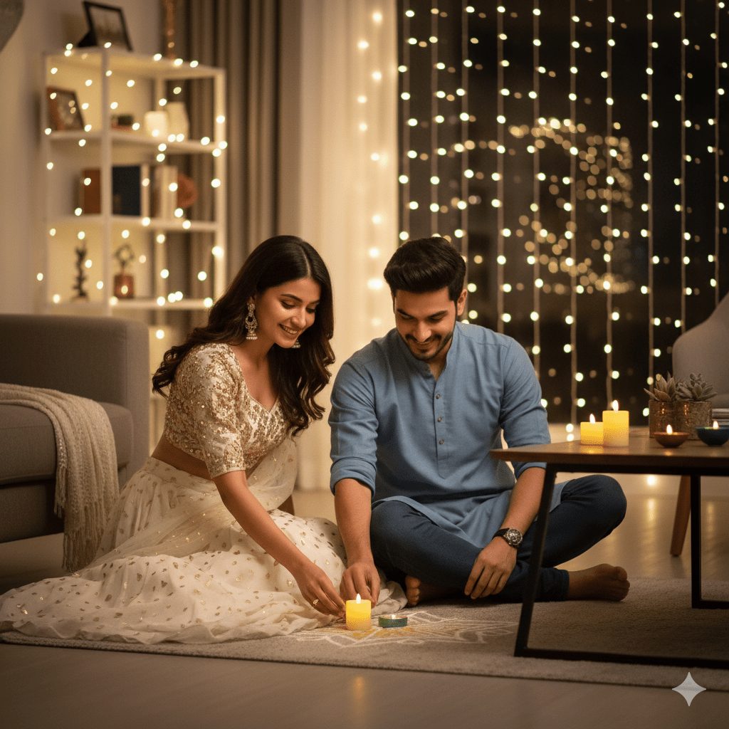 A modern Indian couple celebrates Diwali indoors, arranging LED tealights on a low table adorned with minimalistic rangoli designs. The woman wears a stylish crop top and flowing lehenga skirt, while the man sports a casual kurta with rolled-up sleeves. Soft, warm lighting and bokeh from fairy lights create an intimate, chic festive ambiance.