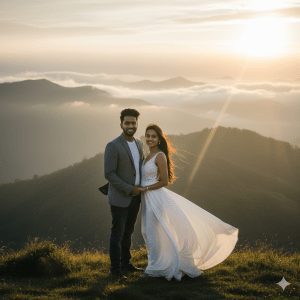 Ultra-realistic 8K image of a romantic couple standing close on a misty mountain peak at sunrise, facing the camera with warm, loving smiles. The man wears a stylish modern jacket and jeans, while the woman is in a flowing dress moving gently in the breeze. Layers of majestic green mountains fade into golden fog, illuminated by soft cinematic sunlight highlighting their faces, creating an emotional and dreamy atmosphere.