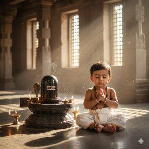 Ultra-realistic 8K cinematic photo of a baby boy praying beside a detailed stone Shiva Lingam in a temple with oil lamps, sunlight, and incense smoke creating a divine, peaceful atmosphere.