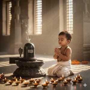 Ultra-realistic 8K cinematic photo of a baby boy kneeling beside a glowing Shiva Lingam during evening aarti inside a temple, wearing a cream dhoti and tulsi mala, hands folded in prayer with warm oil lamp light and sacred incense smoke.