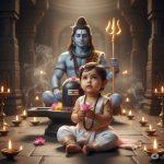 Ultra-realistic 8K photograph of a baby girl sitting directly facing the camera in front of a Shiva Lingam inside an ancient stone temple. She wears a white and pastel pink dhoti-choli, tulsi mala, silver anklets, and tiny bindi, holding a lotus flower. Lord Mahadev nearby with blue-toned skin, crescent moon, ash markings, Rudraksha mala, tiger-skin wrap, and glowing trident. Warm golden light from oil lamps and curling incense smoke create a divine atmosphere.