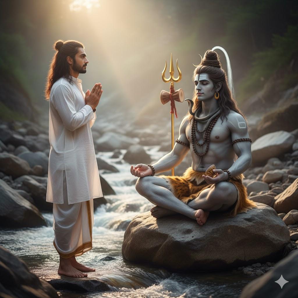 Hyper-realistic 4K photograph of a 25-year-old Indian man in white kurta and dhoti, standing barefoot with folded hands beside a life-sized, realistic Lord Shiva (Mahadev) in an outdoor temple-like setting. Mahadev has ash-grey skin, tiger skin attire, rudraksha beads, trishul, and damru. Soft morning sunlight illuminates the scene with Himalayan rocks, flowing river, and subtle mist in the background.