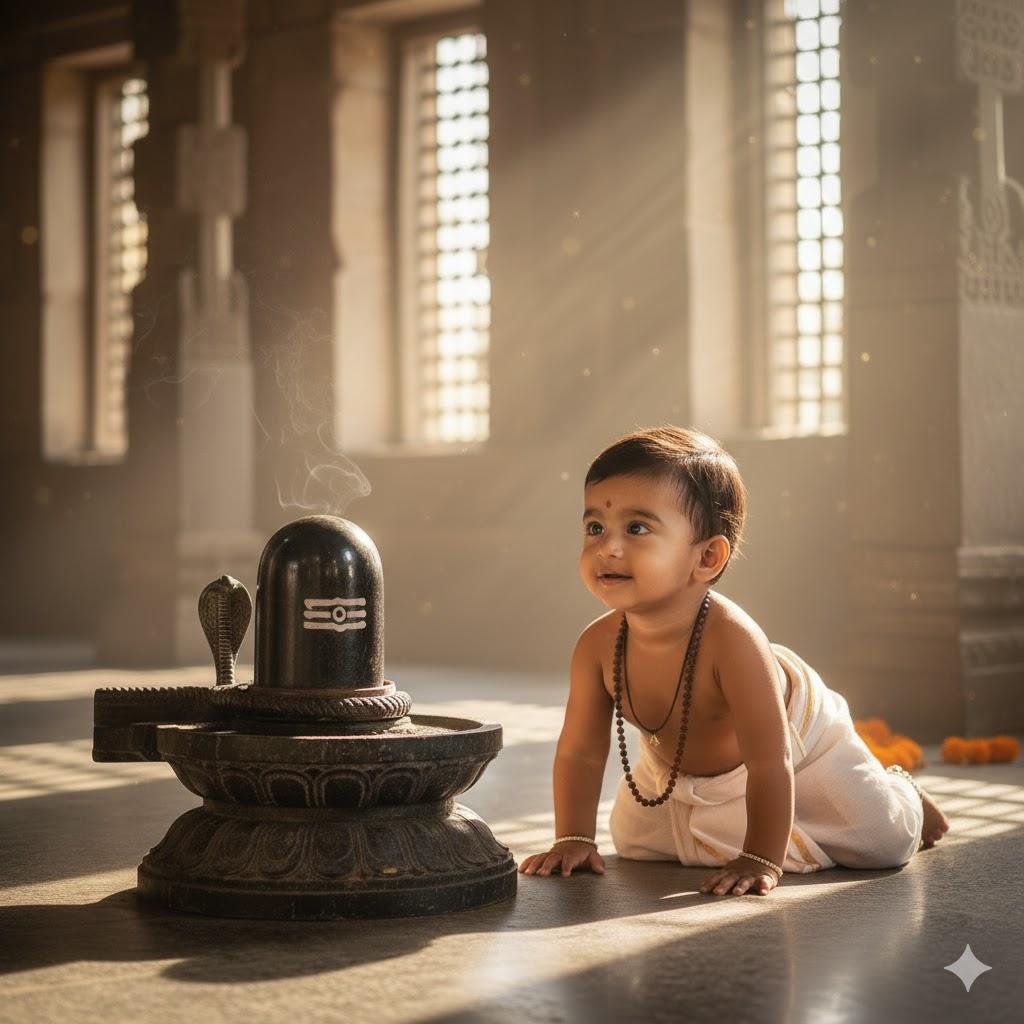 Ultra-realistic 8K photograph of a baby boy crawling on a temple floor toward a stone Shiva Lingam, wearing a cream dhoti, tulsi mala, and anklets, surrounded by soft light, flower petals, and incense smoke.