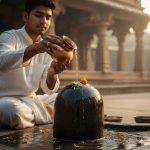 Hyper-realistic close-up of a young Indian man’s hands pouring water from a copper pot onto a polished Shivaling in an open temple. His face, partially visible with eyes closed in devotion, wears a white kurta and dhoti. Scattered flower petals adorn the temple floor, with natural sunlight reflecting off the Shivaling, highlighting authentic textures and serene ambiance.