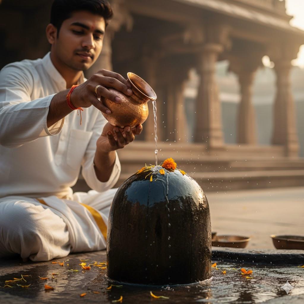 Hyper-realistic close-up of a young Indian man’s hands pouring water from a copper pot onto a polished Shivaling in an open temple. His face, partially visible with eyes closed in devotion, wears a white kurta and dhoti. Scattered flower petals adorn the temple floor, with natural sunlight reflecting off the Shivaling, highlighting authentic textures and serene ambiance.