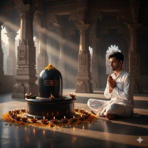 Ultra-realistic 8K photograph of a young Indian man in white kurta and dhoti sitting barefoot beside a large glowing Shivling inside a Hindu temple at dusk. He is praying with hands folded and eyes closed. Warm evening sunlight filters through temple arches, with flower petals scattered around and oil lamps illuminating the scene naturally.