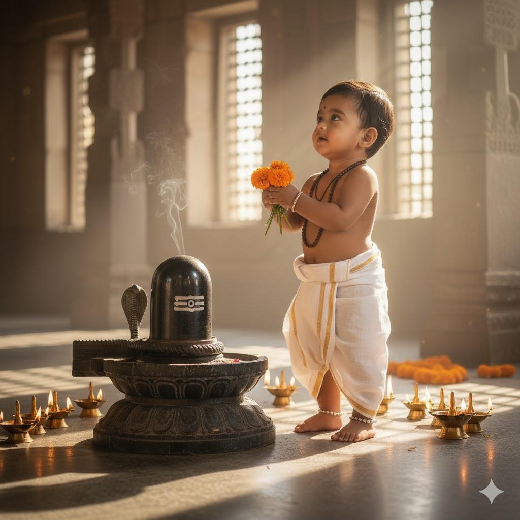 Ultra-realistic 8K cinematic photo of a baby boy standing beside a Shiva Lingam in a temple, holding marigold flowers, wearing a white dhoti, tulsi mala, and silver anklets, surrounded by oil lamps, carved pillars, and incense smoke.