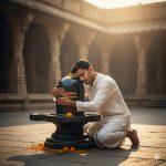 Ultra-realistic 8K photo capturing a young Indian man hugging a large Shivaling in an open temple courtyard during early morning sunlight. Barefoot, dressed in a white kurta and dhoti, his eyes are closed, forehead gently resting against the Shivaling in deep devotion. Soft sunlight illuminates the polished Shivaling surface, with scattered flower petals on the stone floor, showcasing realistic temple textures and natural shadows.