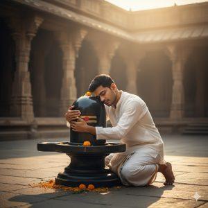 Ultra-realistic 8K photo capturing a young Indian man hugging a large Shivaling in an open temple courtyard during early morning sunlight. Barefoot, dressed in a white kurta and dhoti, his eyes are closed, forehead gently resting against the Shivaling in deep devotion. Soft sunlight illuminates the polished Shivaling surface, with scattered flower petals on the stone floor, showcasing realistic temple textures and natural shadows.