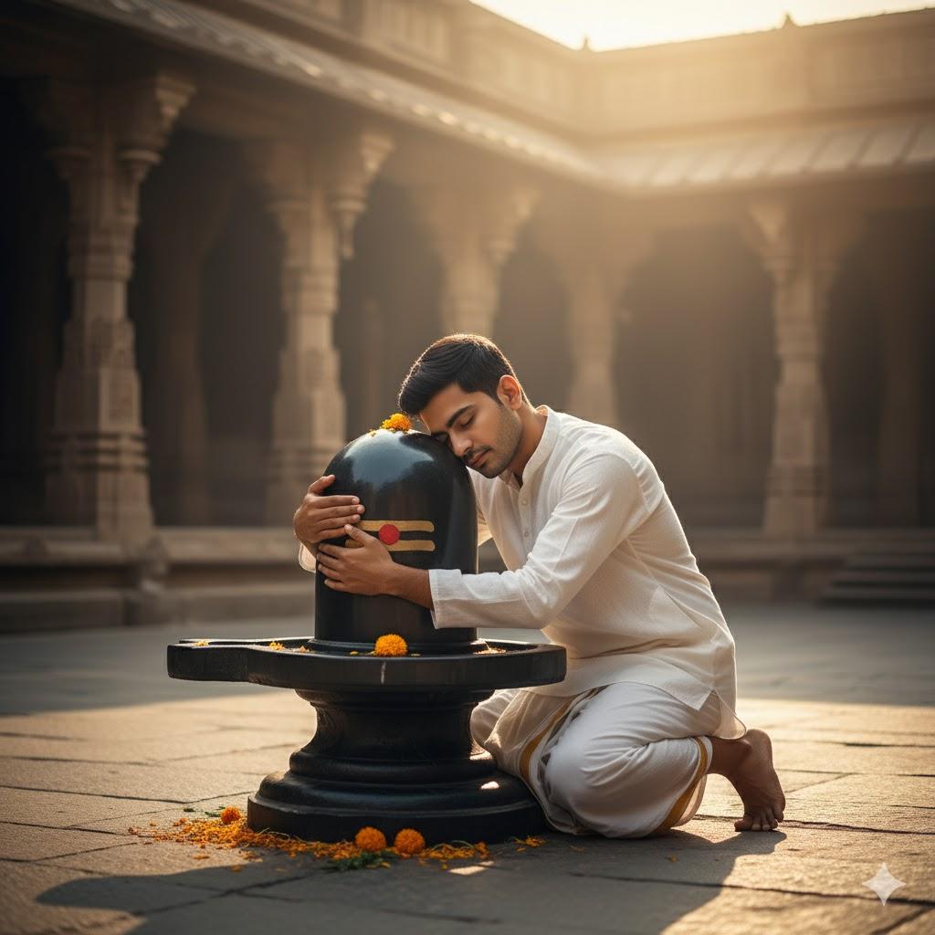Ultra-realistic 8K photo capturing a young Indian man hugging a large Shivaling in an open temple courtyard during early morning sunlight. Barefoot, dressed in a white kurta and dhoti, his eyes are closed, forehead gently resting against the Shivaling in deep devotion. Soft sunlight illuminates the polished Shivaling surface, with scattered flower petals on the stone floor, showcasing realistic temple textures and natural shadows.