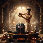 A young Indian man performing Jal Abhishek to a black stone Shivling inside an ancient Hindu temple, wearing a white dhoti and pouring milk from a copper kalash under golden sunlight, with a peaceful and divine spiritual atmosphere.