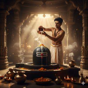 A young Indian man performing Jal Abhishek to a black stone Shivling inside an ancient Hindu temple, wearing a white dhoti and pouring milk from a copper kalash under golden sunlight, with a peaceful and divine spiritual atmosphere.