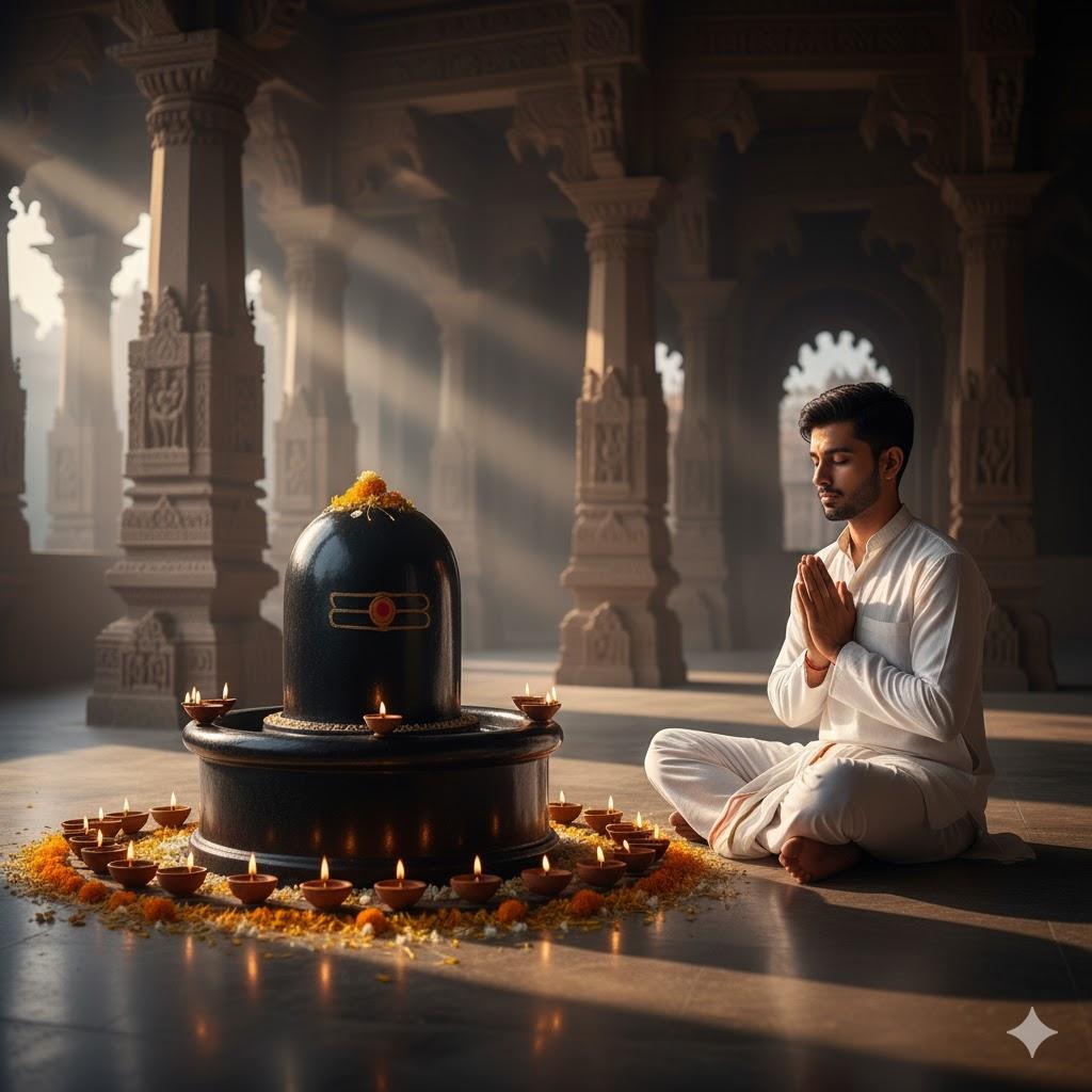 Ultra-realistic 8K photograph of a young Indian man in white kurta and dhoti sitting barefoot beside a large glowing Shivling inside a Hindu temple at dusk. He is praying with hands folded and eyes closed. Warm evening sunlight filters through temple arches, with flower petals scattered around and oil lamps illuminating the scene naturally.