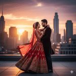A bride in a flowing red lehenga and a groom in a tailored sherwani embrace on a rooftop, with a vibrant city skyline in the background. The sunset casts warm orange and pink hues, while a slight wind gently moves the bride’s dupatta, creating a cinematic effect.