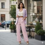 Elegant young woman in a pastel blazer, white crop top, and high-waist trousers standing confidently near a minimalist café. She wears stylish heels, gold jewelry, and holds a coffee cup, bathed in soft daylight with a classy modern background in an 8K cinematic style.