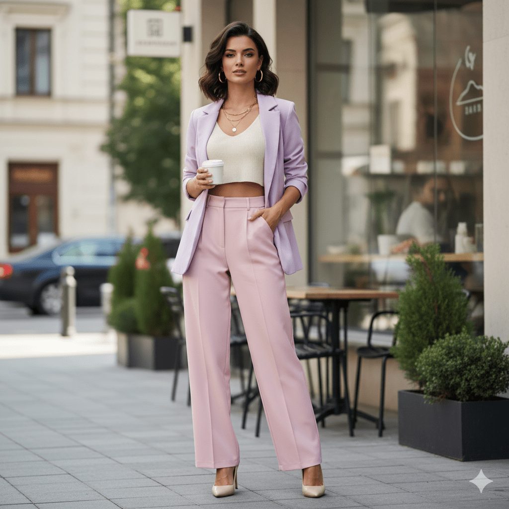 Elegant young woman in a pastel blazer, white crop top, and high-waist trousers standing confidently near a minimalist café. She wears stylish heels, gold jewelry, and holds a coffee cup, bathed in soft daylight with a classy modern background in an 8K cinematic style.