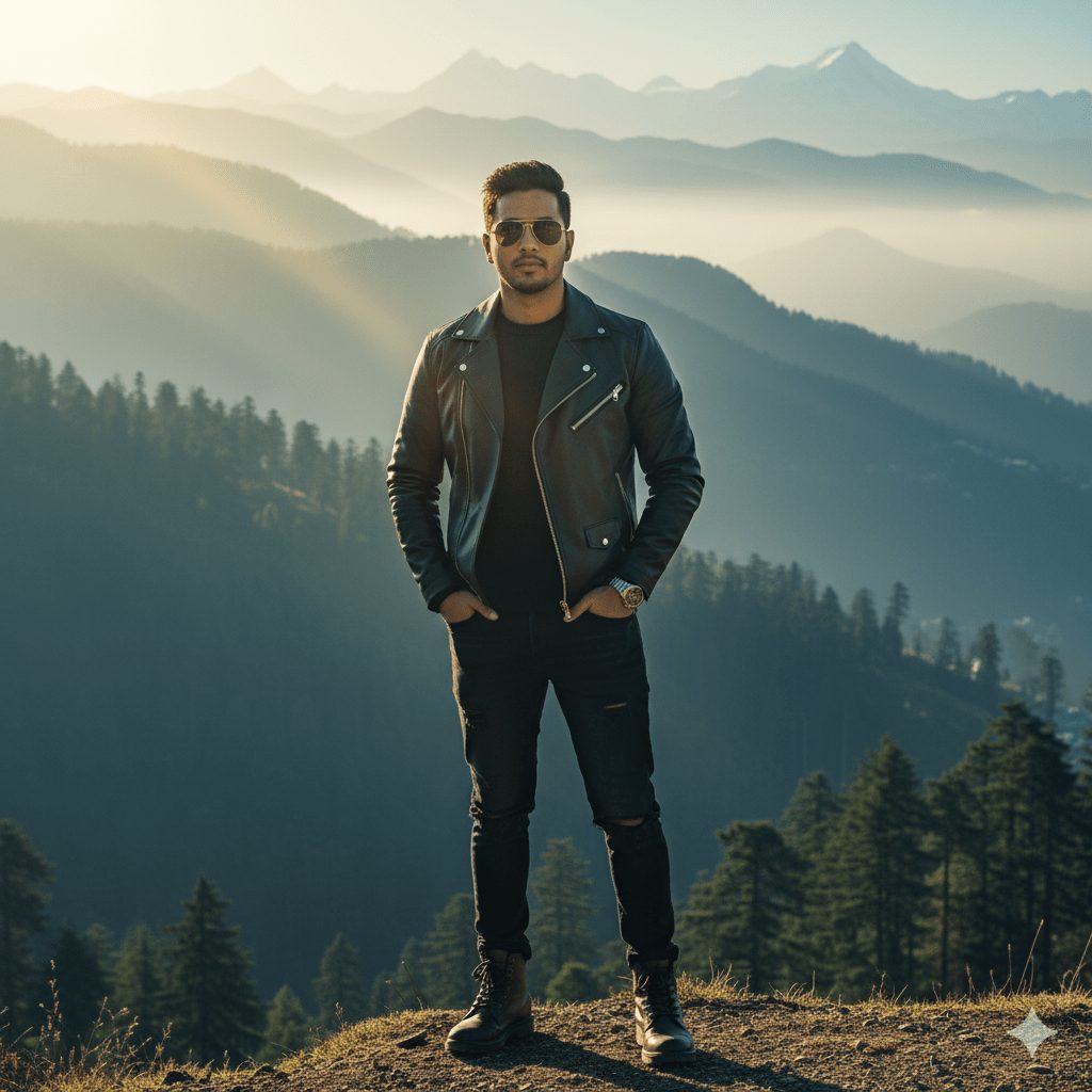 A stylish 25-year-old Indian man posing confidently in Shimla hills wearing a black jacket, jeans, and sunglasses with misty mountains in the background.