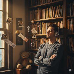 A hyper-realistic cinematic portrait of a young man with dark hair wearing headphones and a gray long-sleeved shirt, leaning against a tall bookshelf. Soft golden light from the side window enhances the mood as personal objects like photos and trinkets float around him, creating a dreamy, high-budget movie still aesthetic.