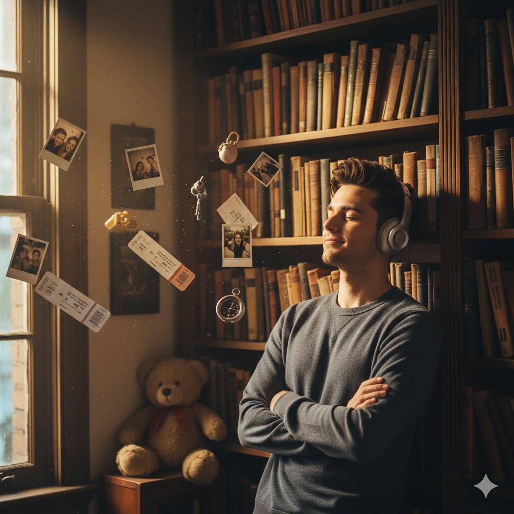 A hyper-realistic cinematic portrait of a young man with dark hair wearing headphones and a gray long-sleeved shirt, leaning against a tall bookshelf. Soft golden light from the side window enhances the mood as personal objects like photos and trinkets float around him, creating a dreamy, high-budget movie still aesthetic.