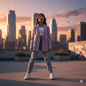 A young Indian girl stands confidently on a city rooftop at sunset, wearing a pastel blazer, ripped jeans, and sunglasses. She looks at the camera with soft cinematic lighting highlighting realistic textures, creating an urban modern vibe.