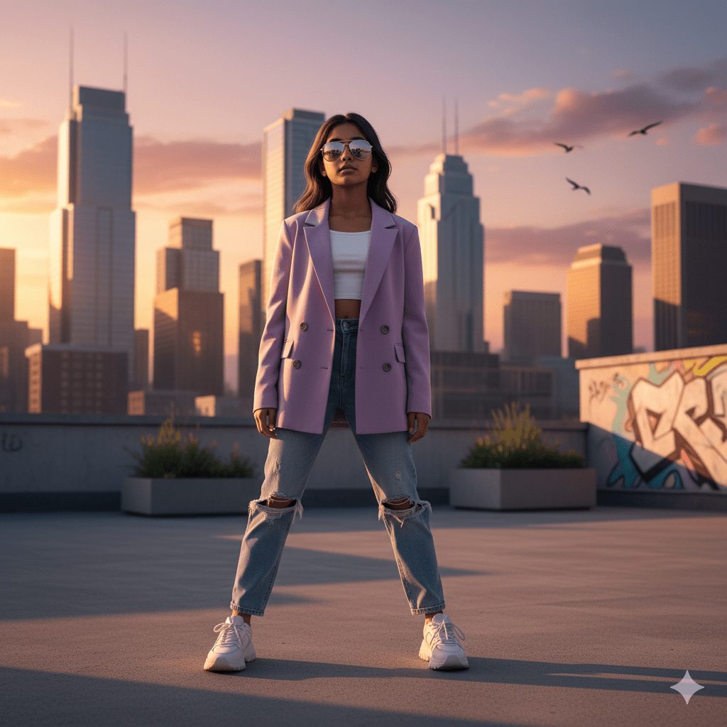 A young Indian girl stands confidently on a city rooftop at sunset, wearing a pastel blazer, ripped jeans, and sunglasses. She looks at the camera with soft cinematic lighting highlighting realistic textures, creating an urban modern vibe.