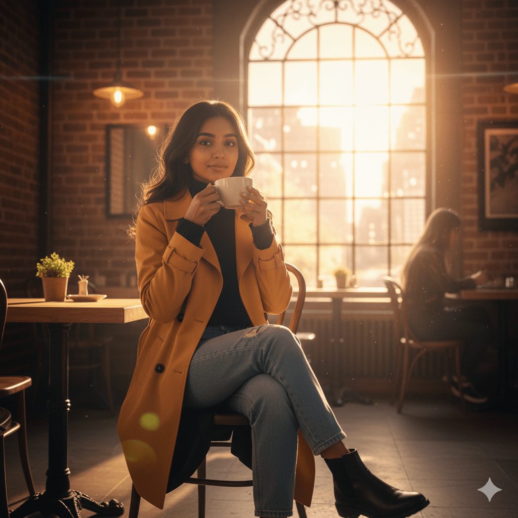 Ultra-realistic 8K image of a stylish woman in a mustard trench coat and black boots sipping coffee in a cozy café, with warm sunlight streaming through large windows and a soft bokeh background.