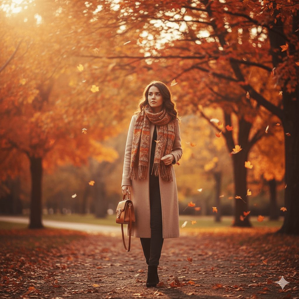 A young woman walks through a park in autumn, dressed in a long beige coat and scarf, holding a small purse. Colorful leaves fall around her under golden hour lighting, casting a warm glow on the serene scene.