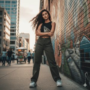 A stylish young woman poses confidently against a vibrant graffiti wall in a modern city. She wears a white crop top, high-waisted black pants, and white sneakers, with her hair flowing naturally, capturing a dynamic urban vibe.
