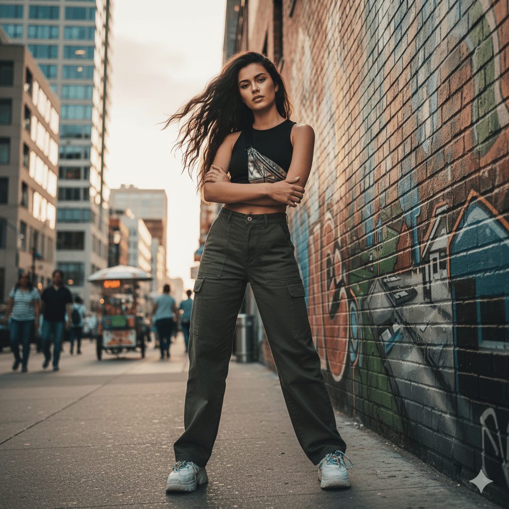 A stylish young woman poses confidently against a vibrant graffiti wall in a modern city. She wears a white crop top, high-waisted black pants, and white sneakers, with her hair flowing naturally, capturing a dynamic urban vibe.