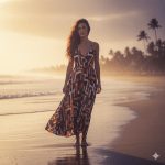 A stylish young woman stands on a beach at sunset, wearing a flowing maxi dress with modern patterns. She is barefoot, with her hair gently blowing in the wind, illuminated by soft, dreamy cinematic lighting.